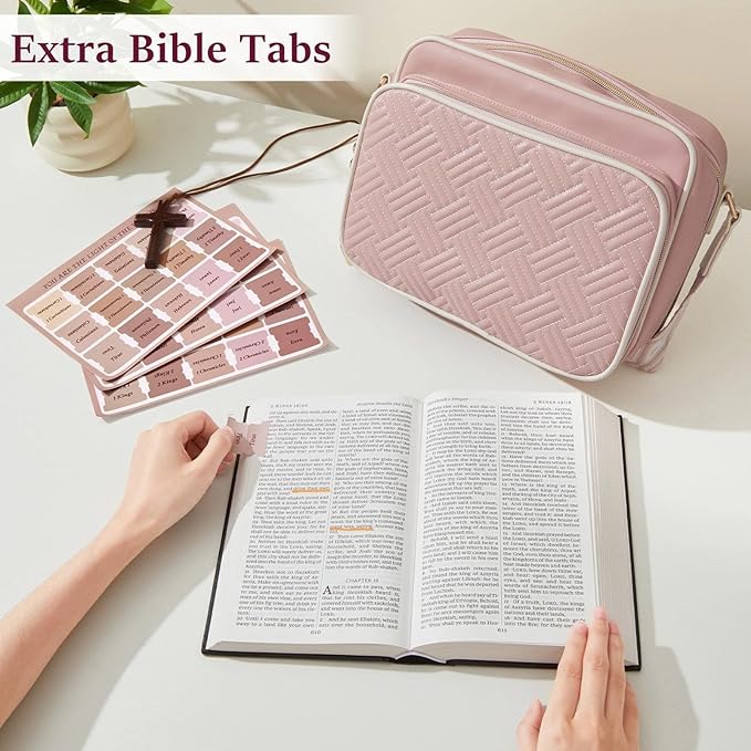MHJY Bible Bag Leather Bible Cover Case for Women Zipper Quilted Bible Cover with Bible Tabs and Shoulder Strap Crossbody Purses for Book Cover