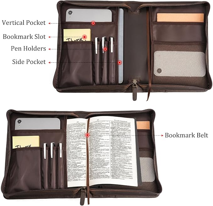 Polare Full Grain Leather Bible Cover with Cross, Christian Bible Carrying Case Organizer for Men & Women, Vintage Church Bible Study Bag with YKK Zipper, Religious Gift (Dark Brown(Metal Cross))