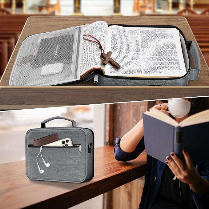 FINPAC Large Bible Cover w/Shoulder Strap, Carrying Book Case Church Bag Bible Protective w/Pen Slots and Zippered Pocket, Gift for Women Lady, Gray