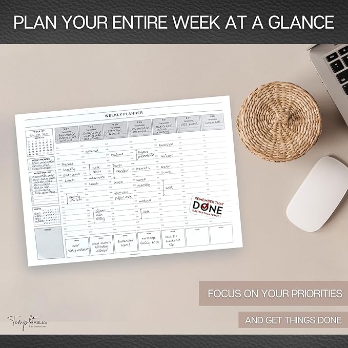 Weekly Hourly Planner Notepad, Daily Planner Desk Pad, Weekly Schedule, To Do List Note Pad, ADHD Planner | 50 Undated Tear Away Sheets | A4 (Mono)