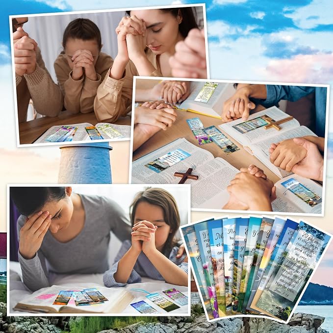 Yaomiao 128 Pcs Spanish Bible Verse Bookmarks Natural Scenery Landscape Christian Scripture Bookmark with Ribbon Inspirational Book Page Markers for Book Lovers Church Prayer Religious Gifts