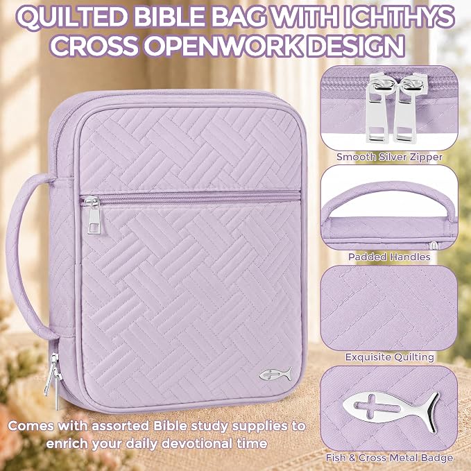 XKDOUS Bible Cover Case for Women, Large Bible Cover with Durable Handle, Washable Quilted Bible Case, Bible Study Supplies & Christian Gifts for Mom, Women, Men (Light Purple)