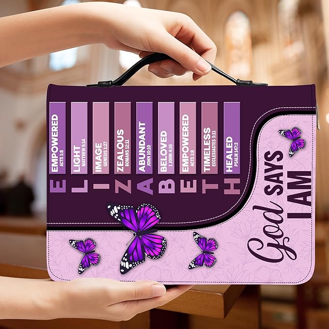 Custom Leather Bible Cover with Name – Personalized Bible Case for Women, Zippered with Handle, Bookmark & Storage Pockets, Christian Gift for Mom, Daughter, Grandma (Name - God Says I Am, M-2XL)