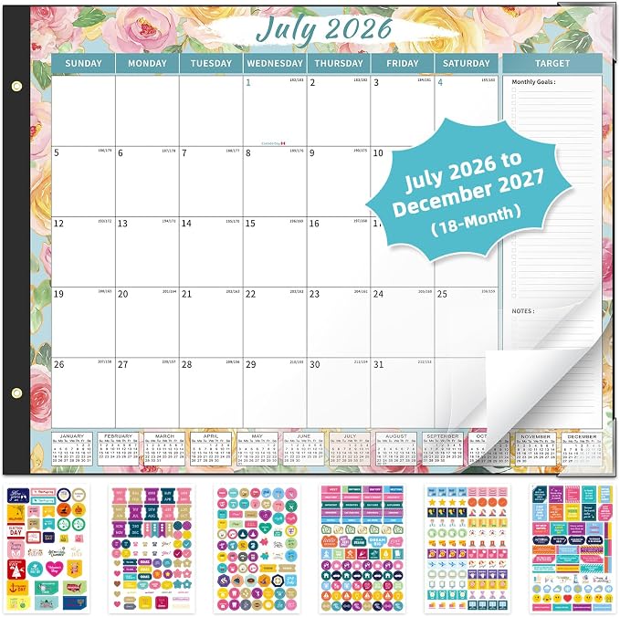 Ospelelf Calendar 2026-2027 Large Desk Calendar 2026 Monthly Desktop Calendar 22'' x 17'', 18 Month Family Office Calendar with Plastic Cover, Use July 2026 - Dec 2027, Watercolor Floral