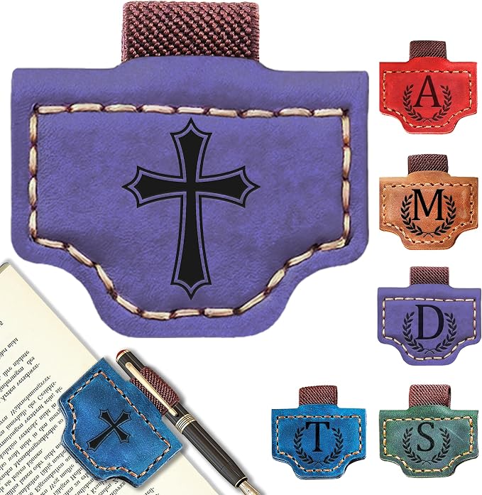 Personalized Leather Magnetic Bookmark with Pen Holder, Bookmark 26 Letters Name Initial Bookmarks for Readers, Book Lover Gifts for Women Men Notebook Accessories (Purple, Cross)