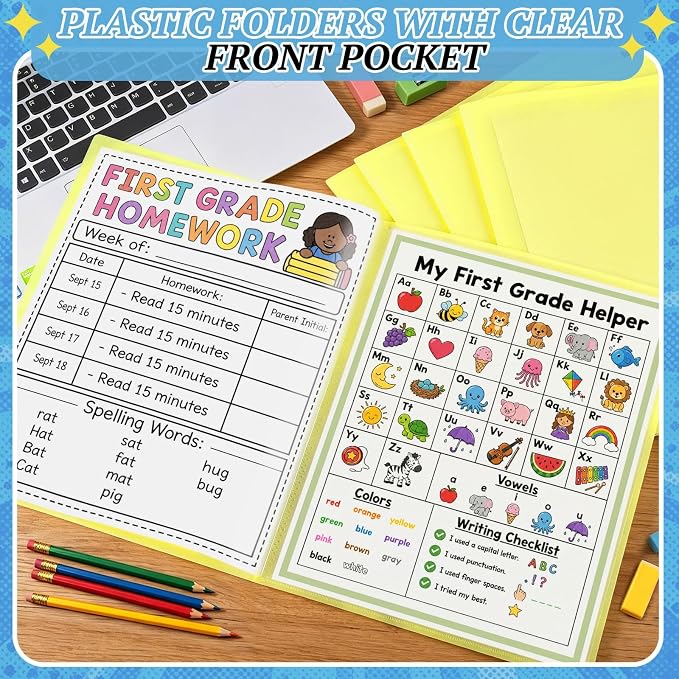 12 Pcs Take Home Folders for Elementary Students,Back to School 2 Pocket Folders with Clear Front Pocket 4 Inner Pockets,Plastic Parent Teacher Communication Folder 11.81 x 9.45 Inch (Yellow)