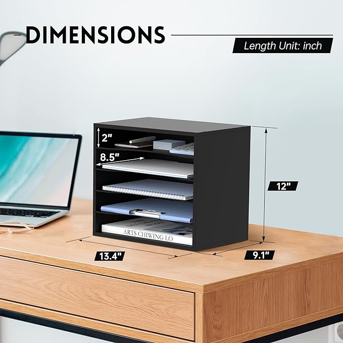 SUPEASY Wood Desk Organizer, 5 Tier Paper File Organizer for Desk, Wooden Desktop Organizer, Paper Letter Literature Mail Sorter, for Office School & Home Organization, Black