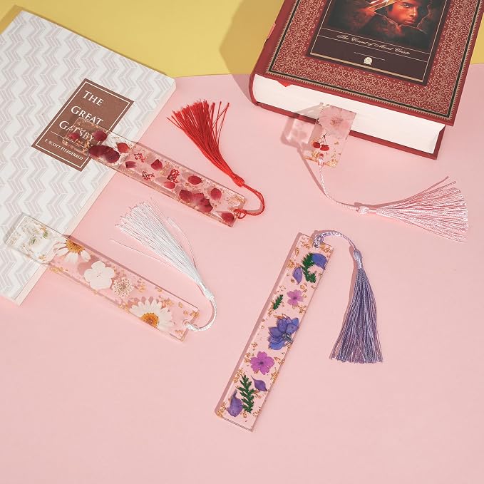 4pcs Pressed Flower Bookmark Pretty Floral Bookmark Durable Handmade Dried Flower Bookmarks for Women Reading Gift (Style B)