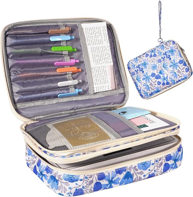 Bible Bag for Girls Organizer - Dual Zipper Compartments with 7 Pen Slots for Church Bible Study, Christian Gift for Teen (Floral-Blue)