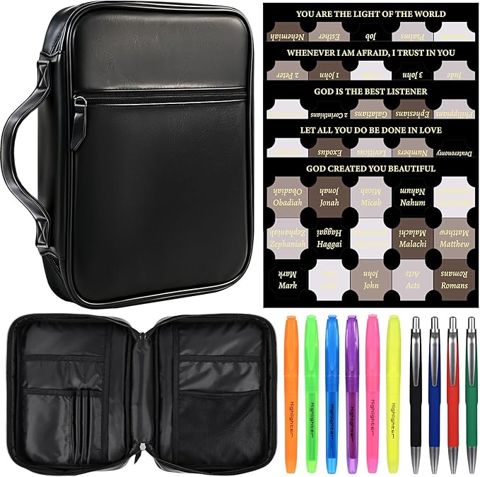 Leather Bible Cover for Men Large Bible Carrying Case with Handle Pockets Bible Book Cover with Highlighters Tabs For Church Prayer Meetings Study Supplies Accessories