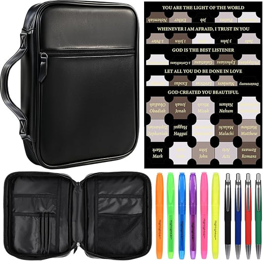Leather Bible Cover for Men Large Bible Carrying Case with Handle Pockets Bible Book Cover with Highlighters Tabs For Church Prayer Meetings Study Supplies Accessories