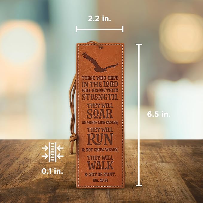 Christian Art Gifts Vegan Faux Leather Scripture Bookmark for Men: Hope in The Lord - Isaiah 40:31 Inspirational Bible Verse, Heat-Debossed, Faith-Based Reading Book Accessory with Cord Tassel, Brown