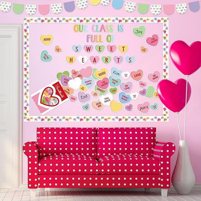 130Pcs Valentine’s Day Conversation Heart Bulletin Board Classroom Decoration Set, Sweet Candy Heart Cutouts Banner Name Tags, School Classroom Chalkboard Wall Decor Valentines Party Supplies