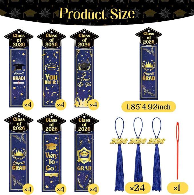 24 Sets 2026 Graduation Gifts Bulk for Students, Congrats Grad Bookmarks with Tassels Blue and Gold Inspirational Senior Party Favors Gift Idea for Him Her High School College University Graduates