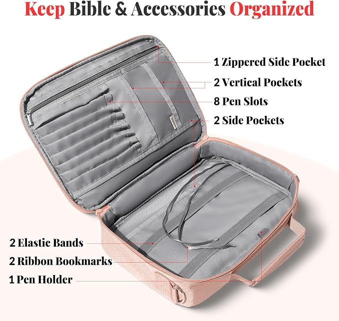 SUNEE Bible Cover for Women, Large Bible Bag w/Shoulder Strap Carrying Book Case w/Pen Slots and Zippered Pocket, Gift for Women & Men, Pink