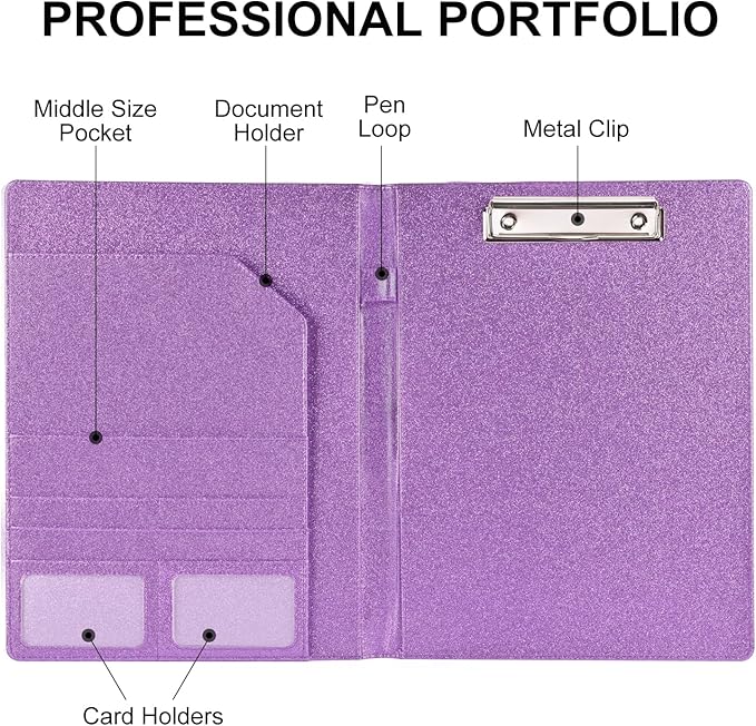 Cacturism Padfolio Portfolio Folder, Foldable Letter Size Clipboard Legal Pad, Bling PU Leather Professional Folio Organizer for Women - Resume Business Document Holder for Job Work Office, Purple