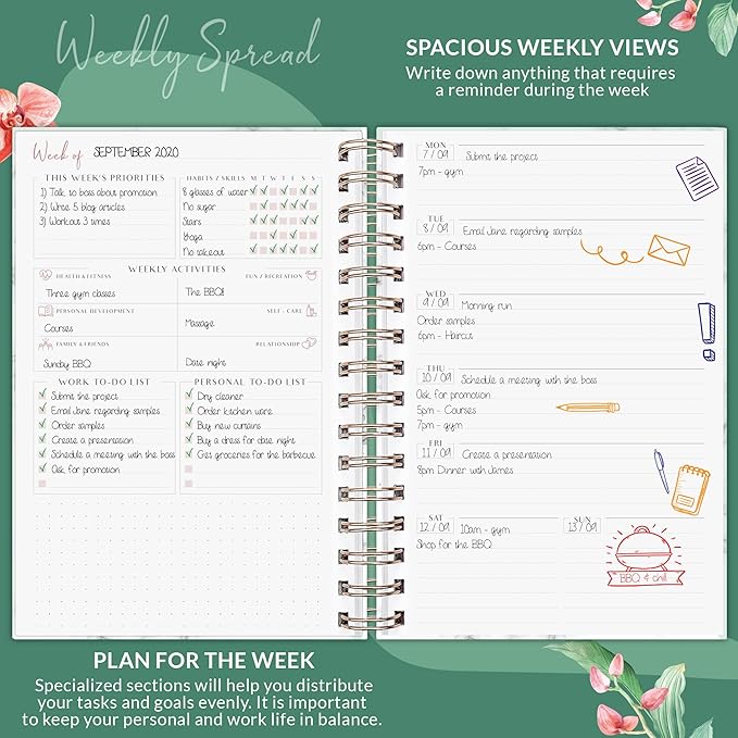 PLANBERRY Weekly Planner Premium – Undated Life Organizer & Budget Planner – Time Management, Goal Setting, To-Do List, Work-Life Balance & Habit Tracker – 6.9″ x 8.5″ (Natural Green)