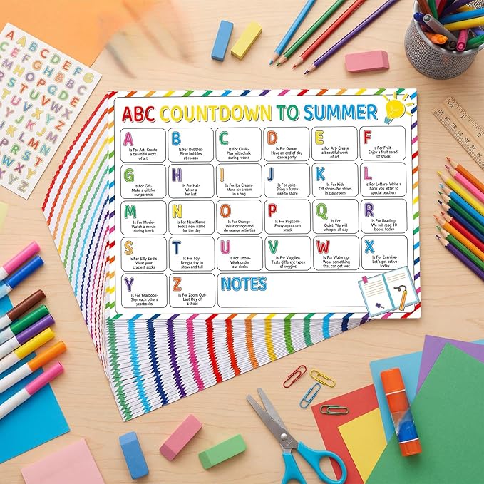 Gueevin 30 Pcs Editable ABC Countdown to Summer End of The Year Summer Calendar Classroom Bulletin Board Decoration for Home Office School Wall Door Party Decor