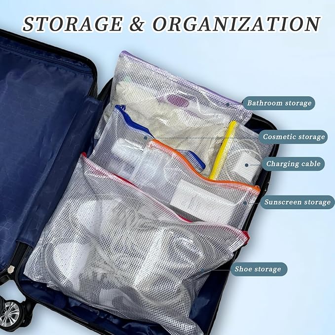 MultiBey 16 Pack Mesh Zipper Bags in 8 Sizes, Clear Waterproof Organizer Pouches with Colored Pulls for Puzzles, Diamond Painting, Travel & Office and School Supplies