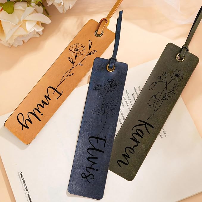 EDSG 2PCS Personalized Bookmark, Leather Bookmark with Birth Flower, Custom Bookmarks for Women, Men, Reading, Book Mark Gifts for Birthday, Christmas, Appreciation Gifts (Style-1, 2PCS)
