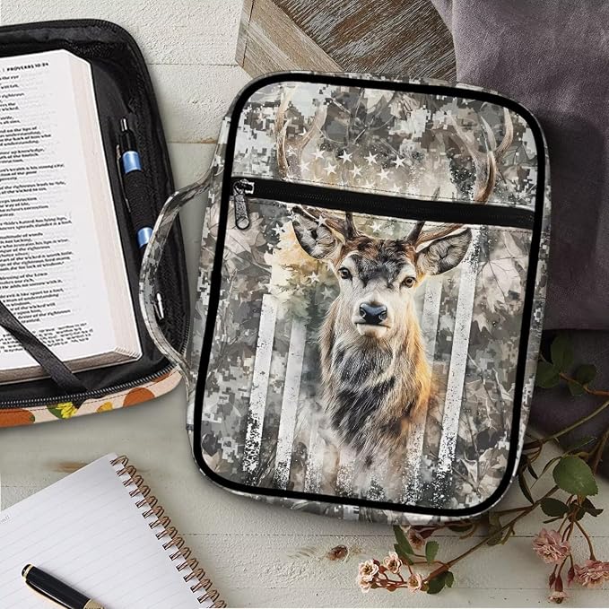 Coldinair Elk Camo American Flag Bible Cover for Kids Boy,Protective Book Cover Bible Case Carrier Carrying Organizer Purse Handbag with Zipper Pockets Church Bag