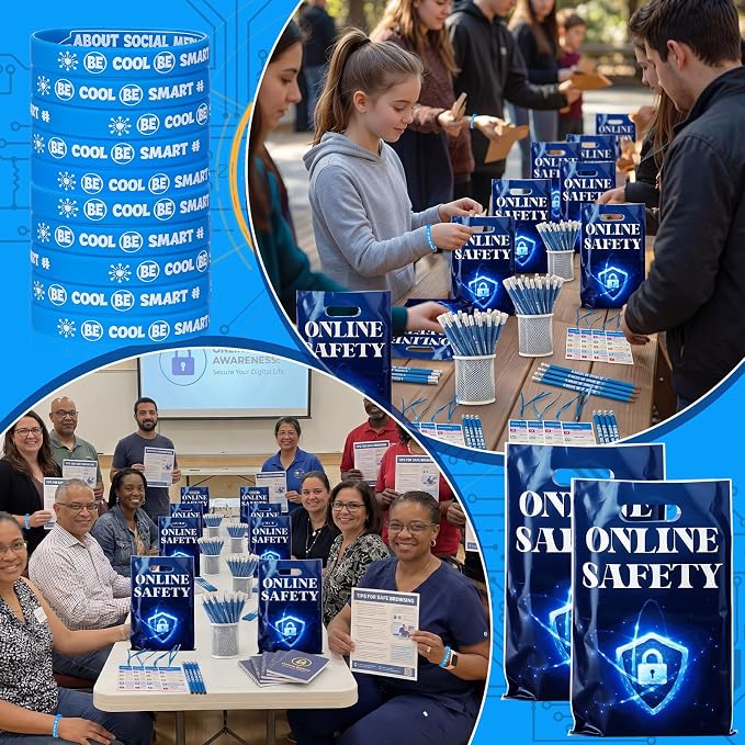 Resurhang 200 Pcs Online Safety Assorted Bulk 50 Sets Internet Safety Awareness Plastic Goody Bags Bookmarks Wristband Accessories for 2026 National Internet Month
