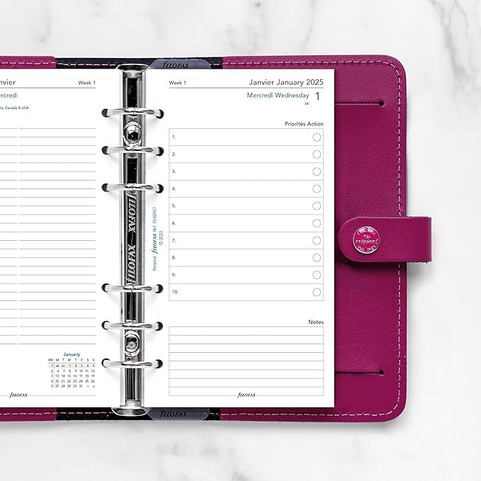 Filofax Calendar Diary Refill, Personal/Compact Size, Day on Two Pages with Appointments, White Paper, Bilingual, 2025 (C68417-25)