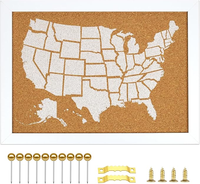 White Frame Cork Board Map of The United State, 14" X 11" Bulletin Boards for Walls with 10 Pins, Travel Tracker Map for Office, School and Home (US-MAP-2636-C)