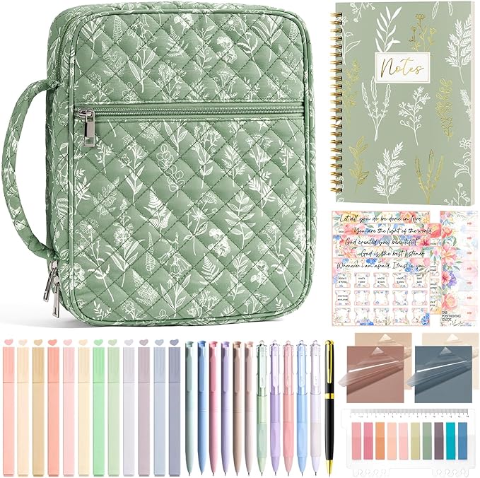 Bible Cover Case for Women Large Bible Bag, Bible Study Supplies Journaling Kit Quilted Church Bag with Handle, Puffer Book Carrying Case w/Tabs Accessories Mothers Day Christian Gifts for Women Mom