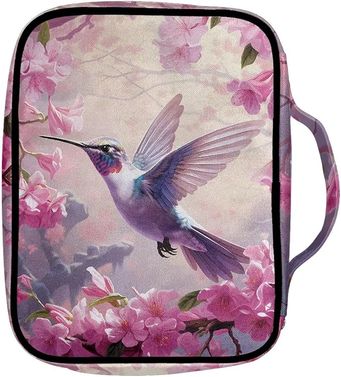 Suobstales Hummingbird Cherry Blossom Print Bible Covers for Women Men,Carrying Book Bible Case Church Bag Lightweight Bible Bag Bible Protective with Handle and Zippered Pocket