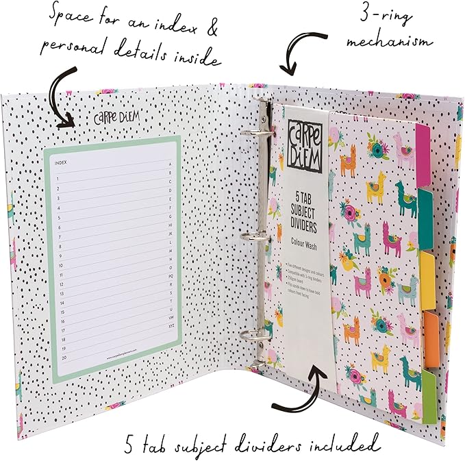 Pukka Pad, Carpe Diem Preloaded Rollbound Ringbinder – 12.4 x 10.8in – Includes Index, Personal Details, and Planner Pages – Comes Preloaded with 5-Part Dividers – Standard 3-Ring Mechanism - Llama
