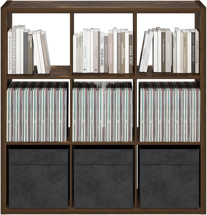 Furinno Cubicle Book Shelf, 9-Cube Bookshelf, Extra Thick Frame Reversible Bookcase with Open Back, 14.6" x 44" x 44", for Living Room, Bedroom, Home Office, Amber Pine