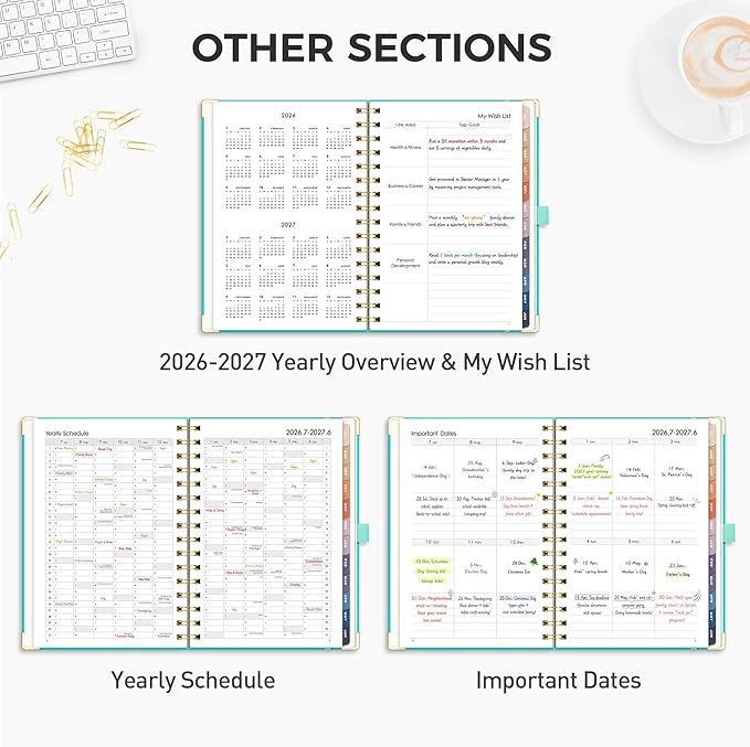 RETTACY Academic Planner 2026-2027, Weekly and Monthly, July 2026 - June 2027, Medium Size (5.7" x 8.3"), Calendar, Agenda, 12-Month Tabs, Hardcover, for Student, Teacher, School (Tiffani Blue)