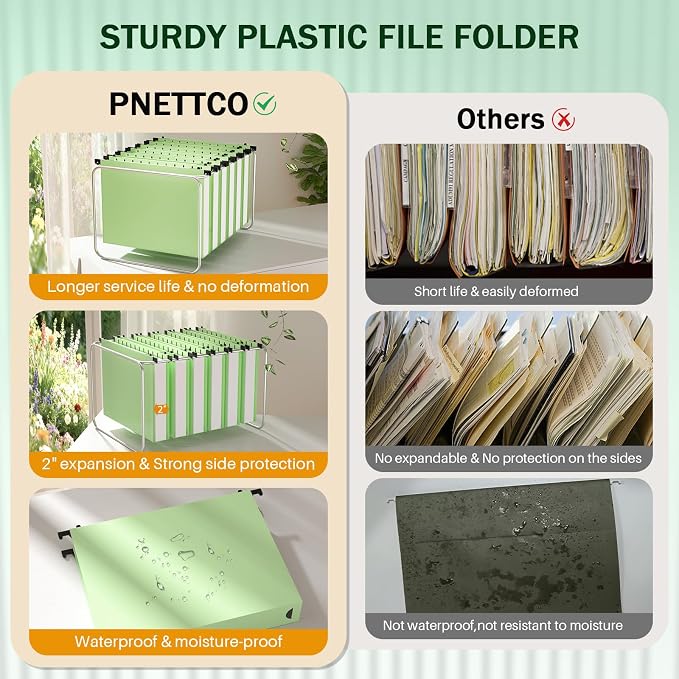 Green Hanging File Folders, 2" Expandable Green File Folders Hanging Folders Expanding Hanging File Folder, Plastic Hanging Files Folders with Tabs & Expandable Bottom, Lette Size, 12 Pack