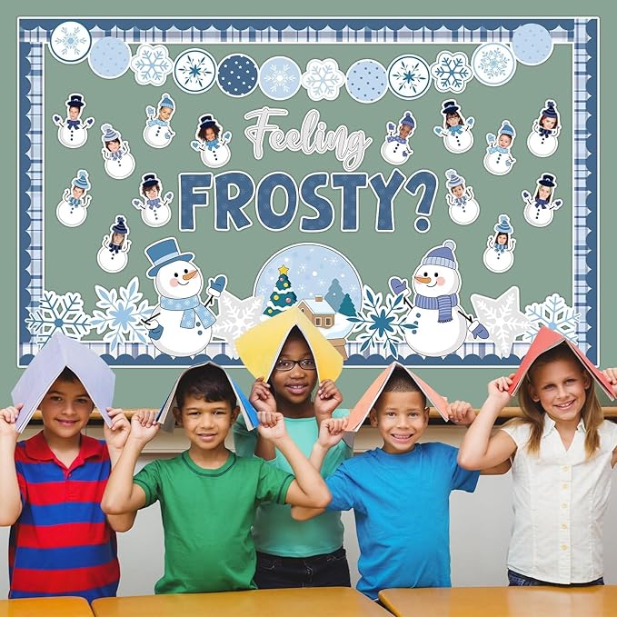 Justforjoyful Winter Bulletin Board Decoration Winter Snowman Cutouts DIY Photo Crafts Christmas Snowflake Cutouts Bulletin Board Set for Holiday Xmas Chalkboard Wall Classroom Decor School Supplies