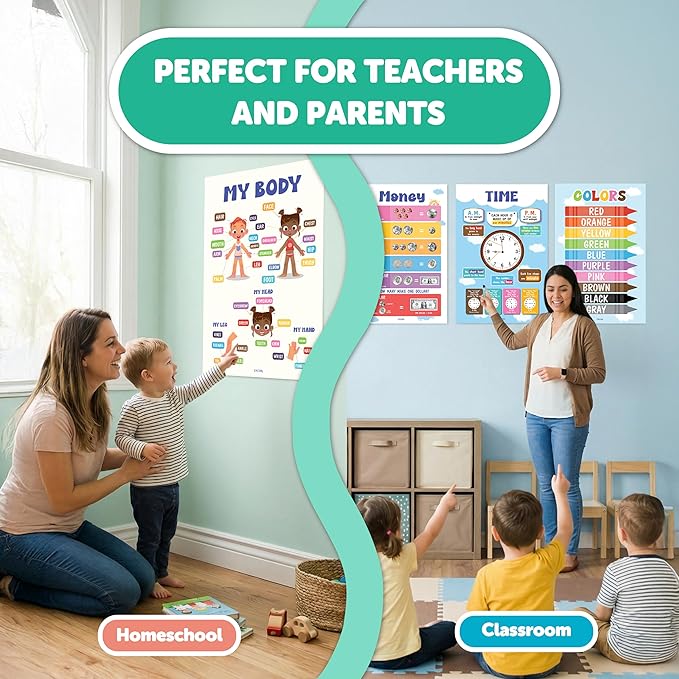 EXCOOL CLUB 16 Colorful Educational Posters For Toddlers 1-3, Toddler Learning Posters For Kids Ages 3-5, Kindergarten Classroom Must Haves, Laminated Abc Number Chart Prek Classroom Decor Preschool