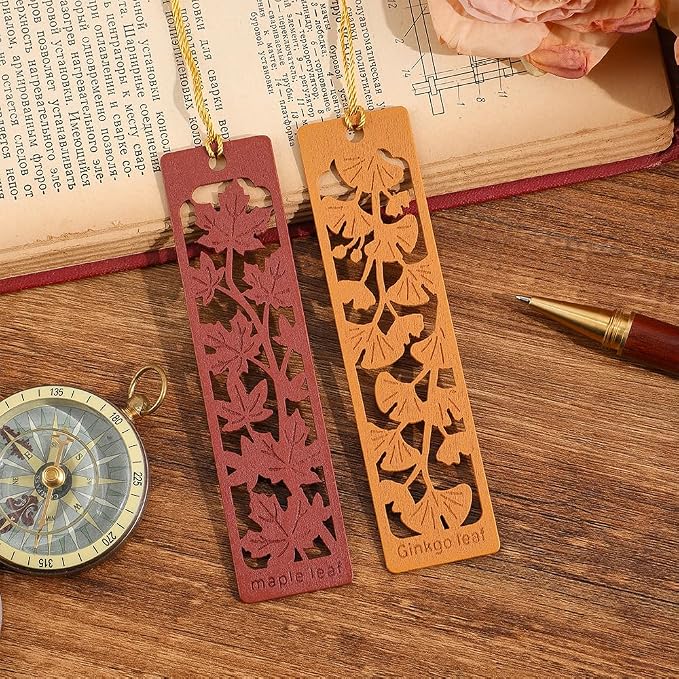 icceemee 2pcs Wooden Bookmarks with Red Maple & Ginkgo Foliage Design - Autumn Themed Book Markers for Women, Men, Readers - Unique Gift for Book Lovers