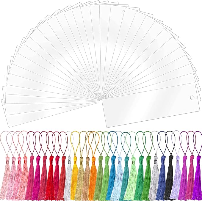 Clear Acrylic Bookmark, BetterJonny 30 Set Plastic Blank Book Page Mark with Colorful Tassels Small Transparent Craft Tags for DIY Classroom Projects and Gift Tag
