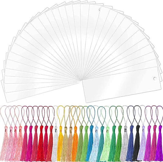 Clear Acrylic Bookmark, BetterJonny 30 Set Plastic Blank Book Page Mark with Colorful Tassels Small Transparent Craft Tags for DIY Classroom Projects and Gift Tag