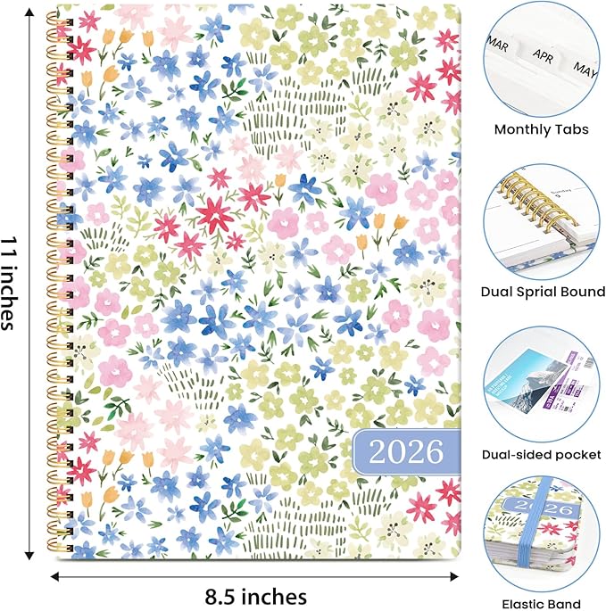 2026 Planner, Weekly and Monthly Calendar Planner Book, January 2026 - December 2026, Hardcover Spiral Planner with Monthly Tabs, Notes Pages, Perfect for Women & Men, A4 (8.5" x 11") - Ditsy