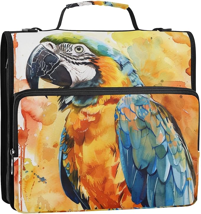 ALAZA Watercolor Parrot Portrait 3 Ring School Zipper Binder Bag Expanding File Folder Case Briefcase with Shoulder Strap