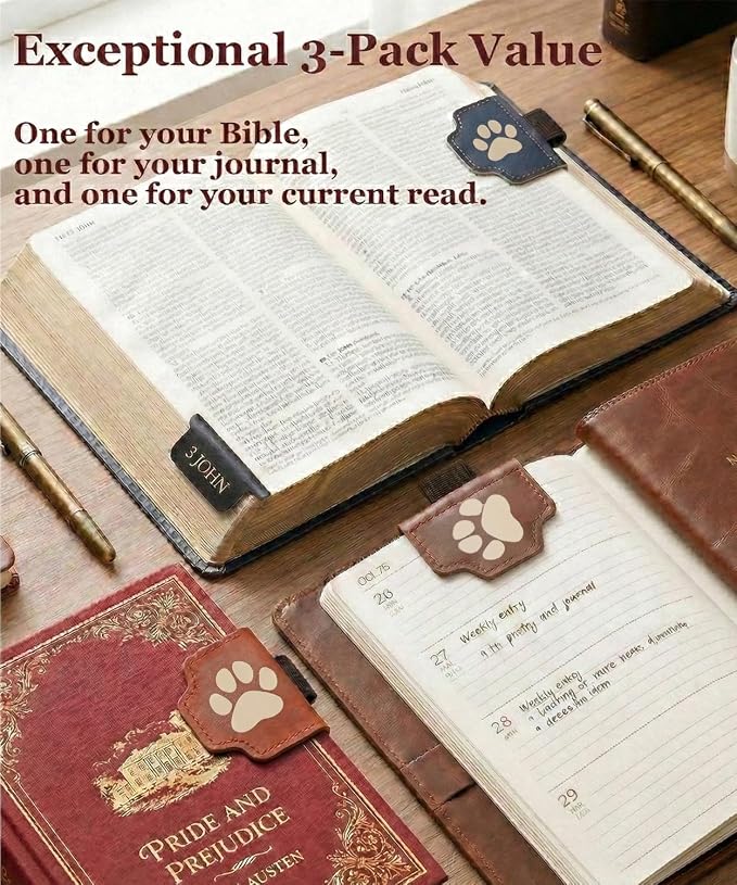 Tiizze Magnetic Leather Bookmarks for Bible Study - 3 Pack Thin Page Markers with Page-Safe Magnets, Laser Engraved Christian Gifts for Book Lovers, Soft Leather Book Marks for Women & Men (Paws)