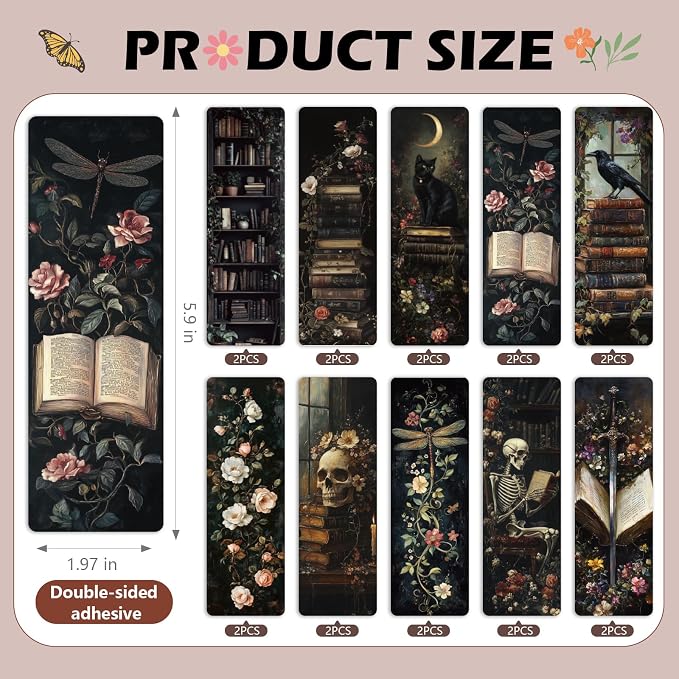Gothic Dark Academia Bookmarks for Women - 20 Pcs Vintage Books Flowers Cottagecore Paper Bookmark for Novel Lovers, Retro Dark Romance Aesthetic Black Cat Skull Decorations Gift for Book Lovers