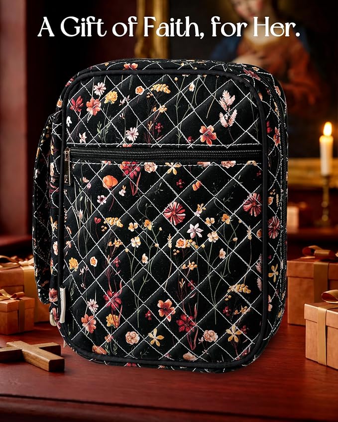 Miss Adola Bible Cover Case for Women - Quilted Bible Carrying Case Organizer Study Bag with Zipper Handle and Shoulder Strap Black Vintage Floral Book Cover for Teen Girls