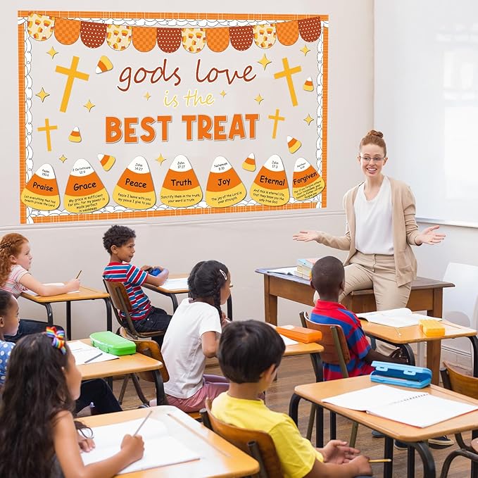 Halloween Candy Corn Bulletin Board Decorations Fall Christian Paper Cutouts Religious Gods Love is The Best Treat Cross Bulletin Party Supplies for School Classroom Home Chalkboard Wall Door Decor