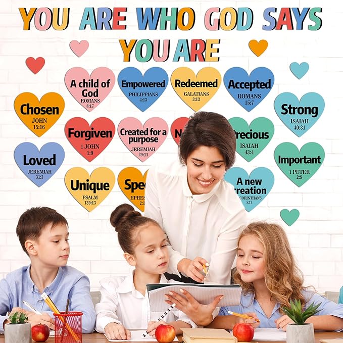 Qyeahkj Christian Bulletin Board Decorations God Says You are Religious Classroom Decor Motivational Heart Paper Cutouts Inspirational Bulletin Board Sets for Sunday School Church Supplies