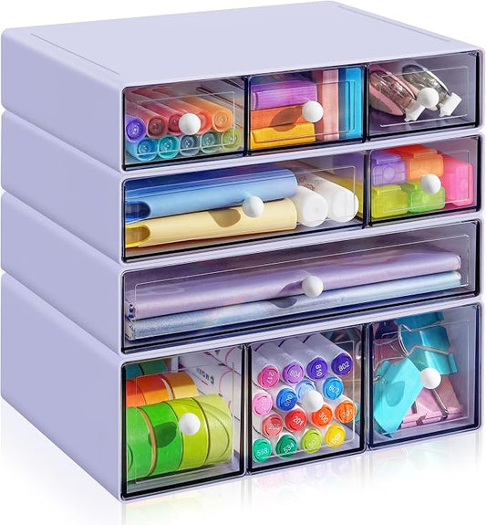 Desk Organizer with 9 Drawers, 4 Tiers Stackable Storage Drawers, Desktop Storage Box with Clear Drawers for Stationery, Makeup, Jewelry, Office and Craft Supplies (Purple)