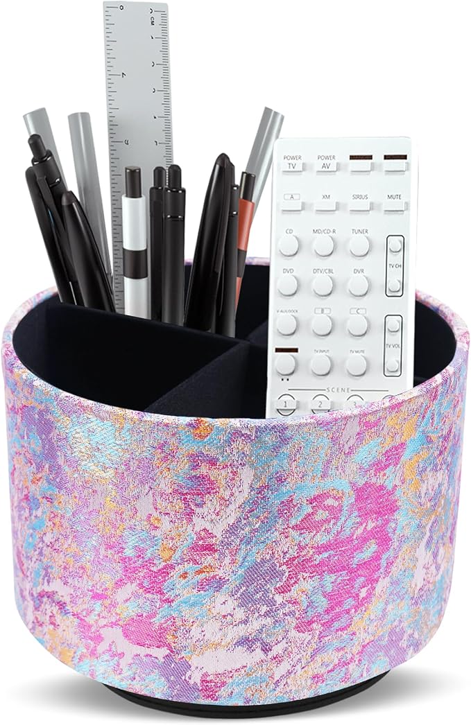 Round Leather Art Supply Organizer,Remote Control Holder,360-degree Rotating Pen Organizer with 4 Compartments(1-Painting Pink)