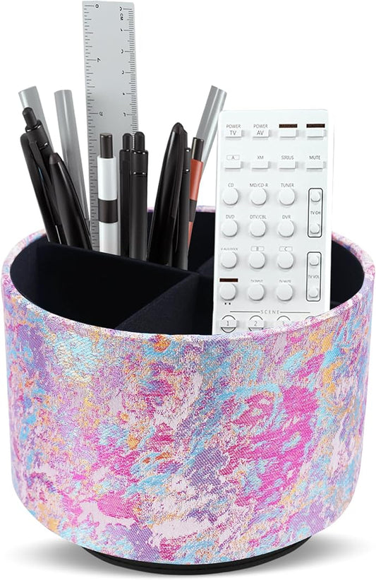 Round Leather Art Supply Organizer,Remote Control Holder,360-degree Rotating Pen Organizer with 4 Compartments(1-Painting Pink)