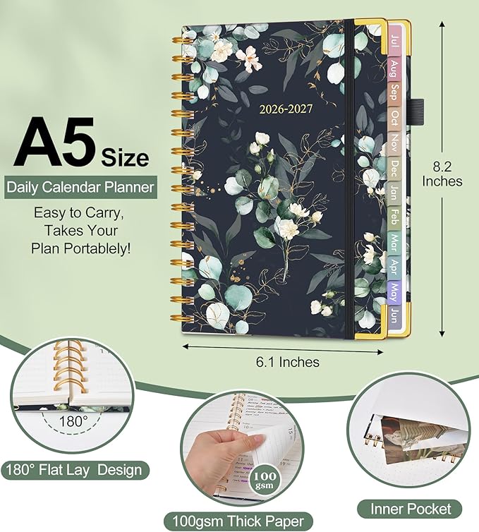 Academic Planner 2026-2027, Hardcover Weekly and Monthly Calendar Planner from July 2026 - June 2027, Daily Agenda Planners with Tabs, College School Organizer for Student Teacher, A5 (6.1" x 8.2"), Green Eucalyptus